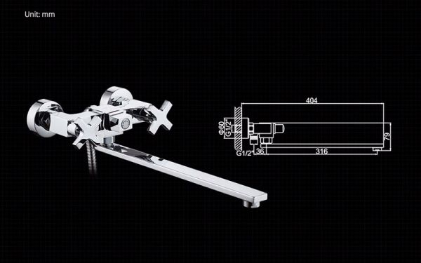 смеситель ванна "LEDEME" 1/2" крест керамика, плоский излив L35F-2, дивертор в корпусе (L2584)