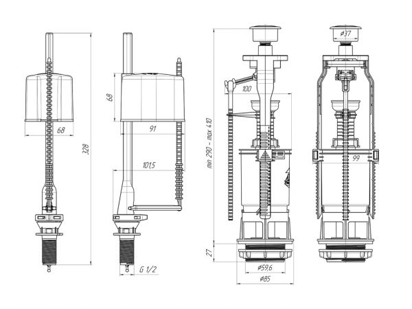 арматура для бачка кнопка металл с нижним впуском эконом 1/2" ANI WC6550M