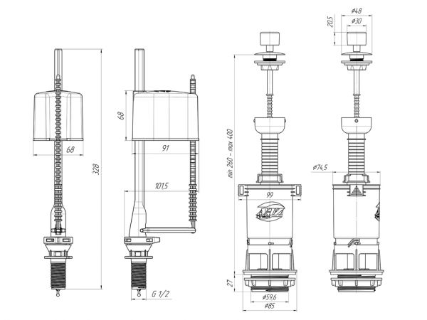 арматура для бачка шток металл с нижним впуском эконом 1/2" ANI WC4550M