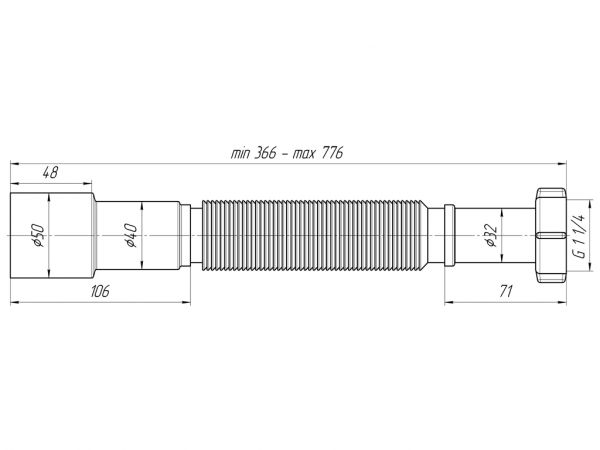 ANI гофра 1.1/4" (гайка 32мм) универсальный выход 40/50, L800мм арт.К206 (32113) (003110)