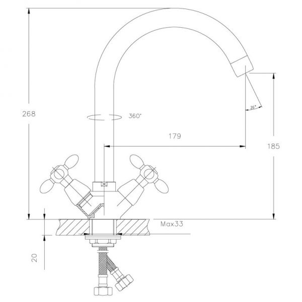 смеситель кухня "Decoroom" 1/2" крест керамика, высокий излив 18см. арт.DR48028